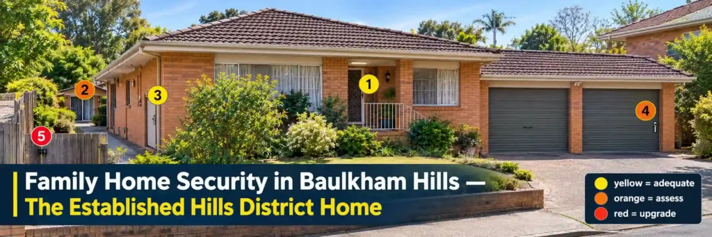 1970s brick veneer family home in Baulkham Hills with five marked entry points for a home security assessment. Copy Alt Text
