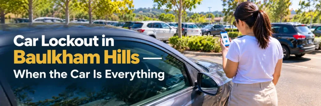 Woman checking her phone beside a locked car in a sunny parking lot during a car lockout in Baulkham Hills.