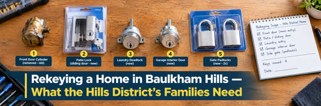 Locksmith rekeying kit with door lock cylinders, sliding door lock and gate padlocks for a Baulkham Hills home.