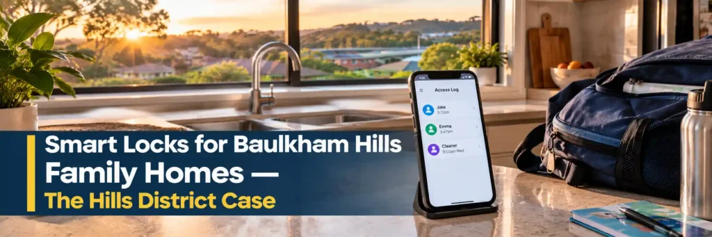 Smart lock access log on a smartphone beside a school bag in a Baulkham Hills family kitchen.